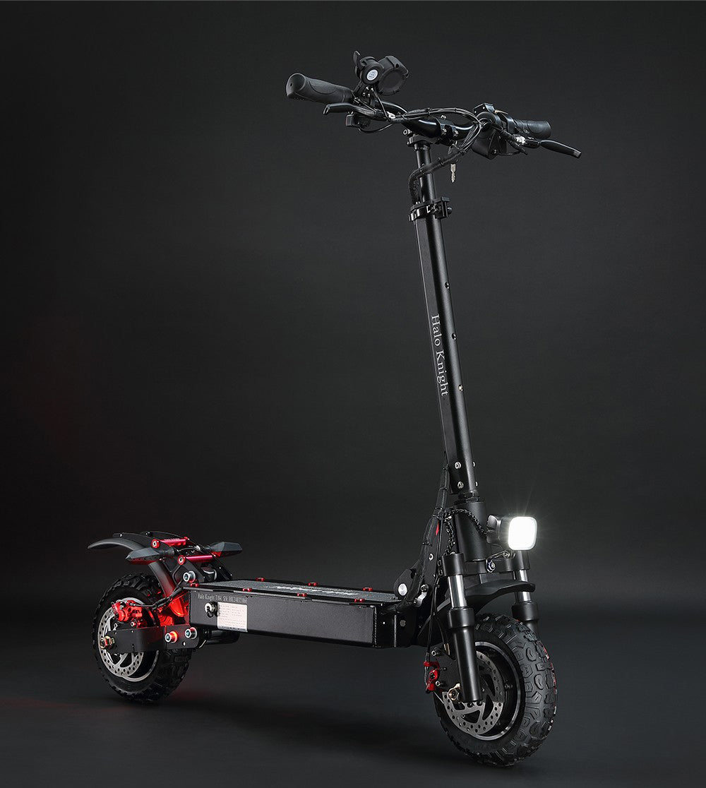 Elektrokolobežka Halo Knight T104, 10-palcové terénne pneumatiky, 2x 1000W motor, maximálna rýchlosť 65 km/h, diaľkové ovládanie, 52V 21Ah batéria, dojazd 45 km – čierna