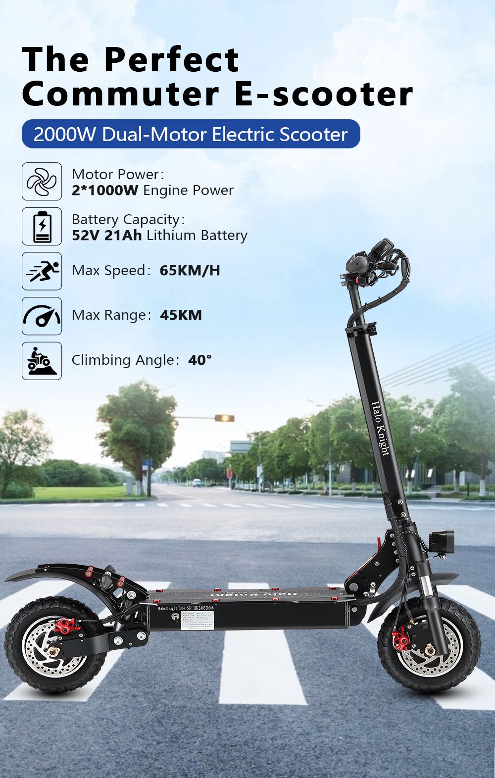 Elektrokolobežka Halo Knight T104, 10-palcové terénne pneumatiky, 2x 1000W motor, maximálna rýchlosť 65 km/h, diaľkové ovládanie, 52V 21Ah batéria, dojazd 45 km – čierna