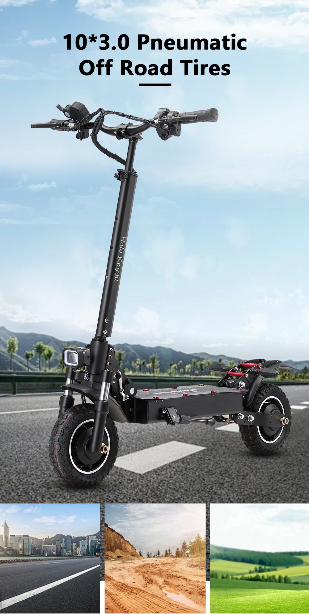 Elektrokolobežka Halo Knight T104, 10-palcové terénne pneumatiky, motor 1000W*2, maximálna rýchlosť 65 km/h, diaľkové ovládanie, batéria 52V 21Ah, dojazd 45 km – čierna