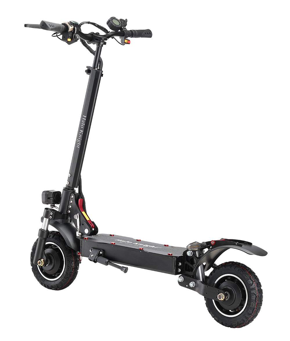 Elektrokolobežka Halo Knight T104, 10-palcové terénne pneumatiky, 2x 1000W motor, maximálna rýchlosť 65 km/h, diaľkové ovládanie, 52V 21Ah batéria, dojazd 45 km – čierna
