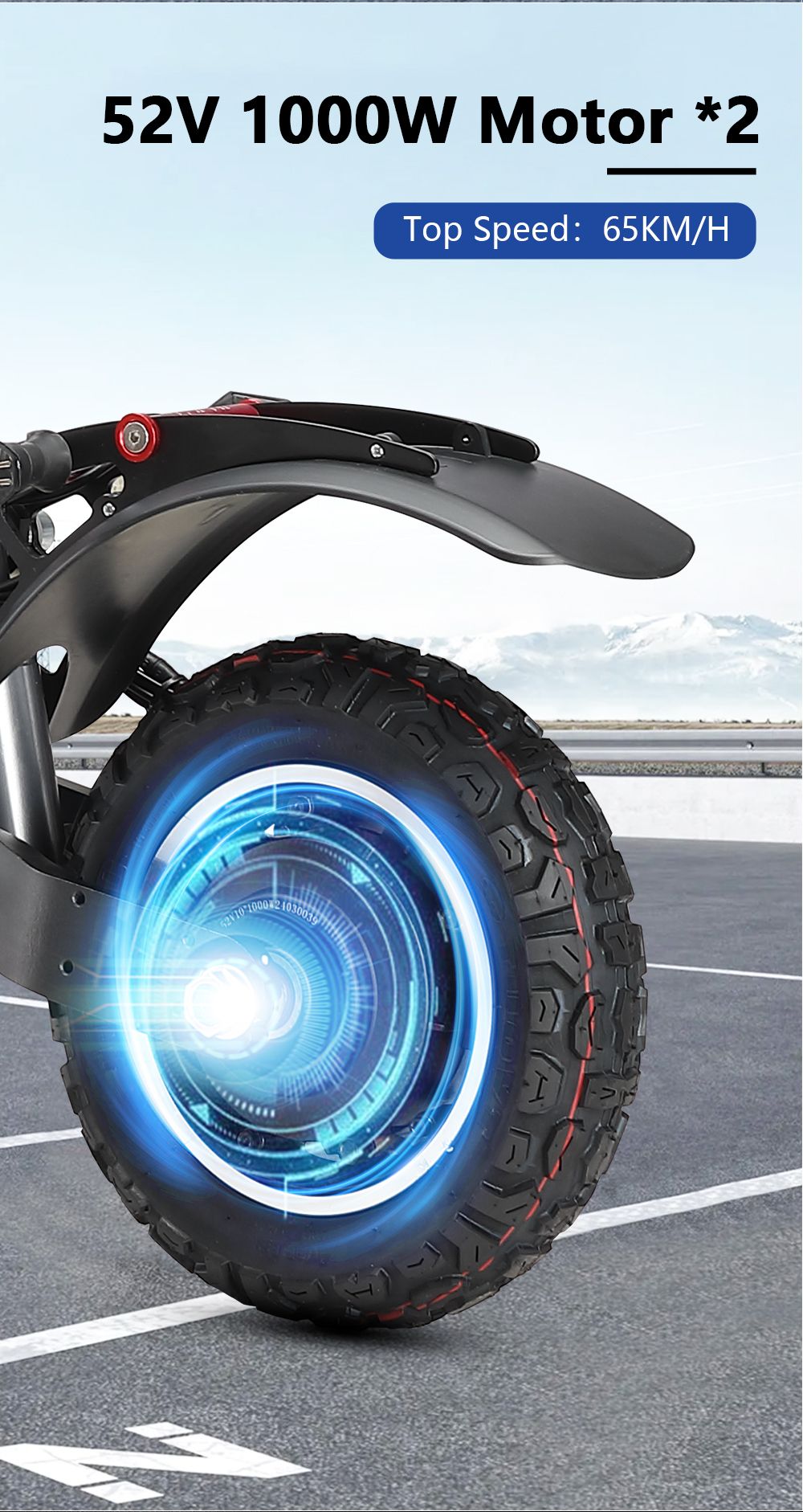 Elektrokolobežka Halo Knight T104, 10-palcové terénne pneumatiky, 2x 1000W motor, maximálna rýchlosť 65 km/h, diaľkové ovládanie, 52V 21Ah batéria, dojazd 45 km – čierna