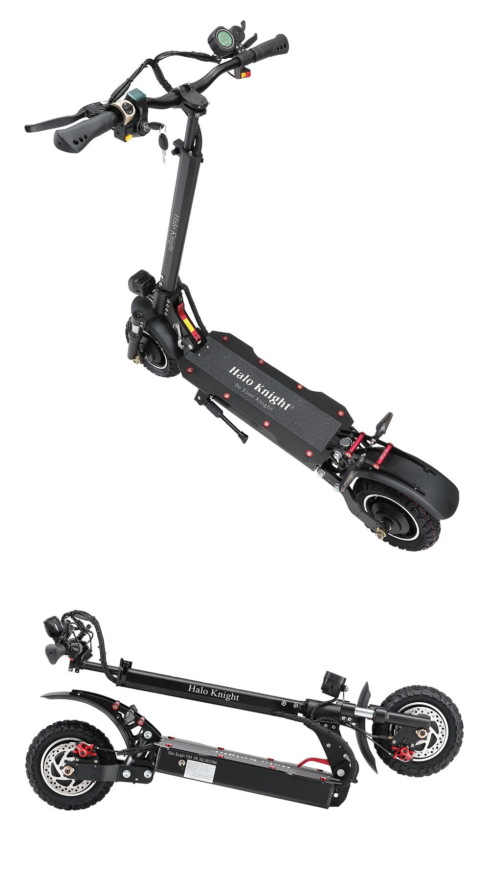 Elektrokolobežka Halo Knight T104, 10-palcové terénne pneumatiky, 2x 1000W motor, maximálna rýchlosť 65 km/h, diaľkové ovládanie, 52V 21Ah batéria, dojazd 45 km – čierna
