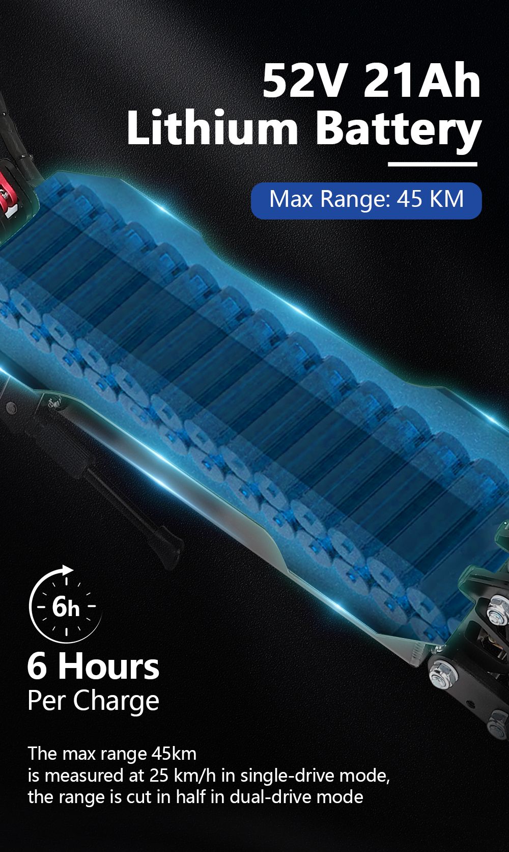Elektrokolobežka Halo Knight T104, 10-palcové terénne pneumatiky, 2x 1000W motor, maximálna rýchlosť 65 km/h, diaľkové ovládanie, 52V 21Ah batéria, dojazd 45 km – čierna
