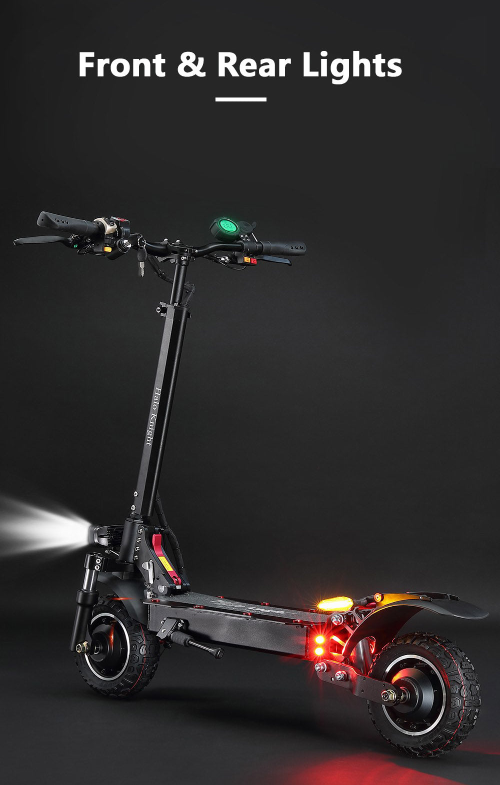 Elektrokolobežka Halo Knight T104, 10-palcové terénne pneumatiky, 2x 1000W motor, maximálna rýchlosť 65 km/h, diaľkové ovládanie, 52V 21Ah batéria, dojazd 45 km – čierna