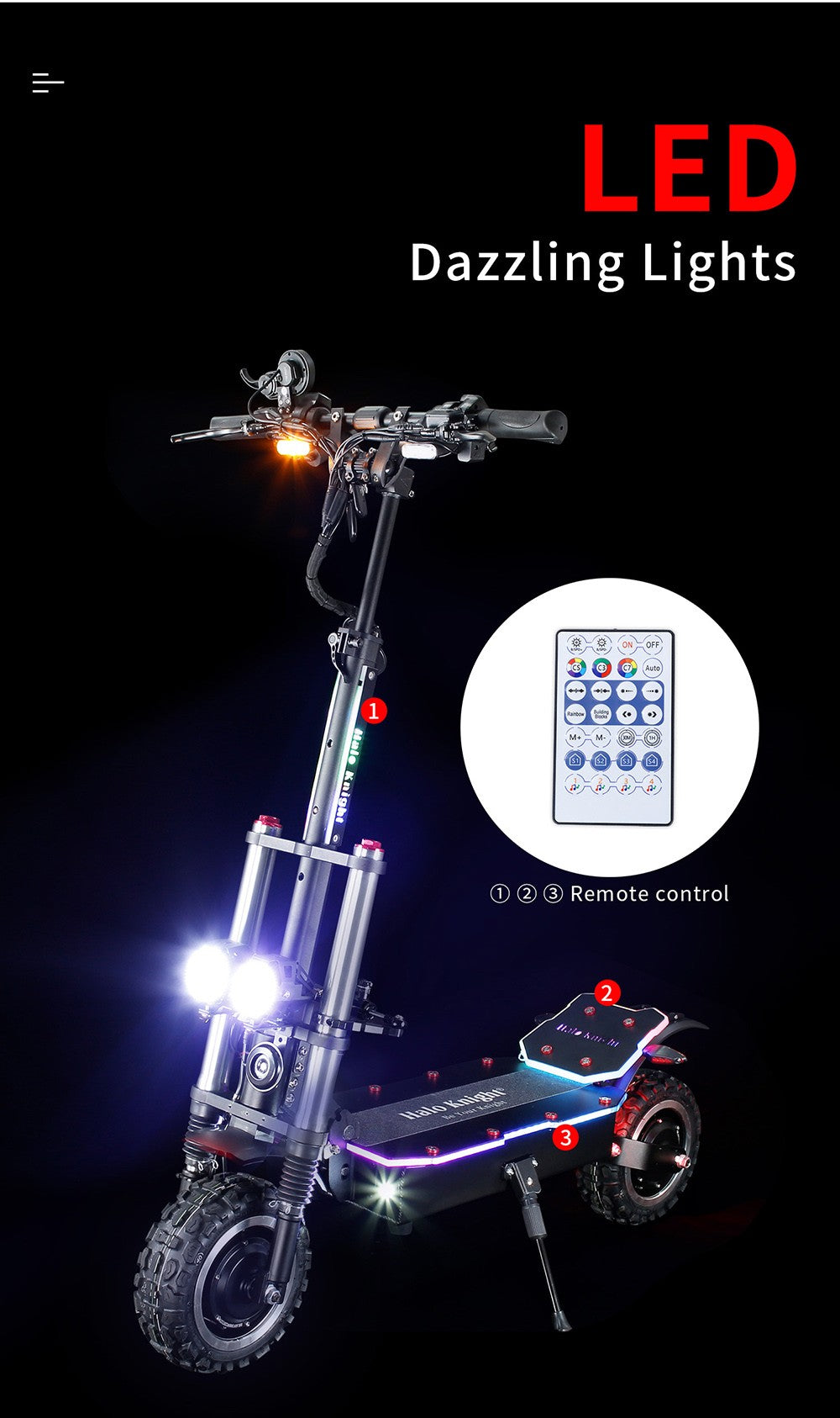 Elektromobilný skúter Halo Knight T107 Pro, 11'' terénne pneumatiky, 3000W*2 dvojitý motor, max. rýchlosť 95 km/h, 60V 38,4Ah batéria, max. dojazd 80 km.