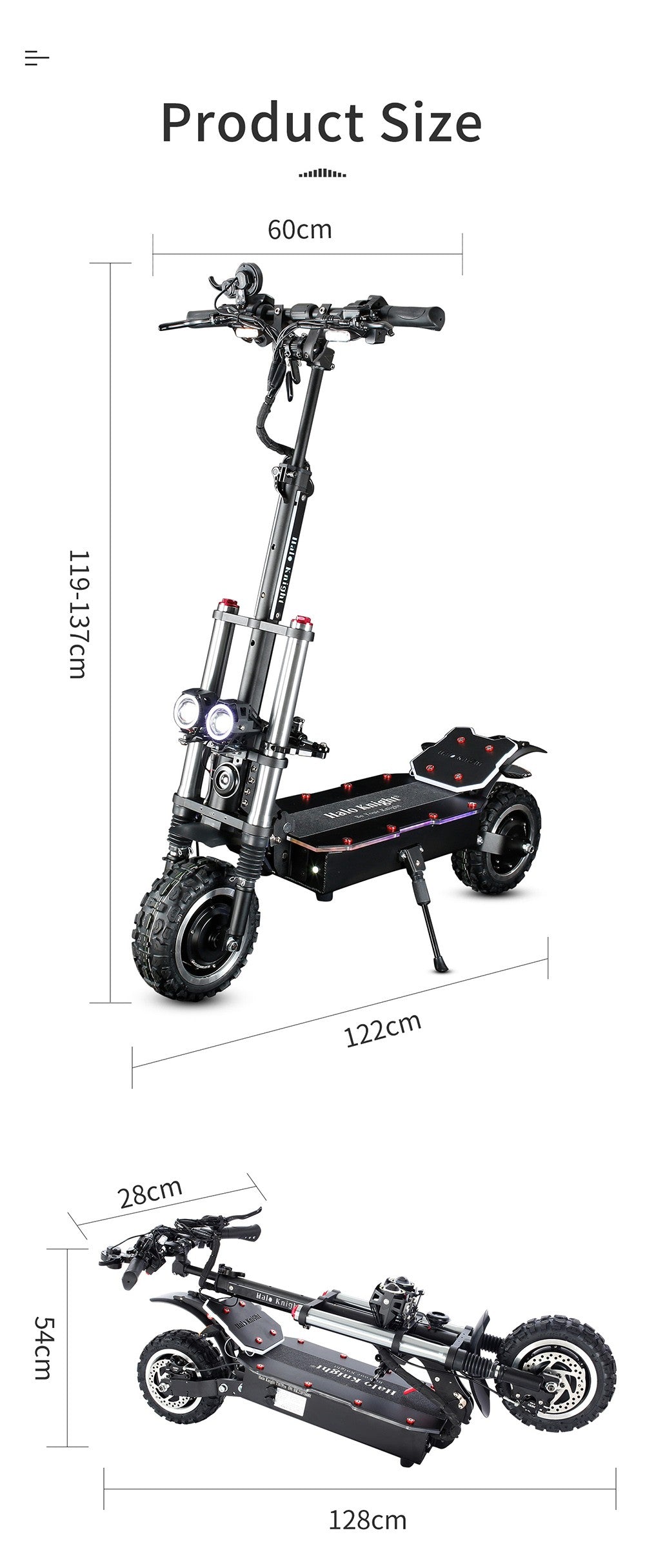 Elektromobilný skúter Halo Knight T107 Pro, 11'' terénne pneumatiky, 3000W*2 dvojitý motor, max. rýchlosť 95 km/h, 60V 38,4Ah batéria, max. dojazd 80 km.