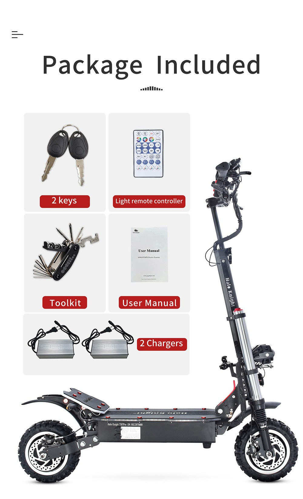 Elektromobilný skúter Halo Knight T107 Pro, 11'' terénne pneumatiky, 3000W*2 dvojitý motor, max. rýchlosť 95 km/h, 60V 38,4Ah batéria, max. dojazd 80 km.