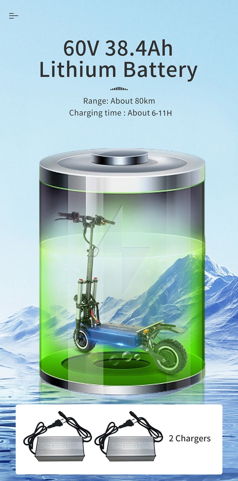 Elektromobilný skúter Halo Knight T107 Pro, 11'' terénne pneumatiky, 3000W*2 dvojitý motor, max. rýchlosť 95 km/h, 60V 38,4Ah batéria, max. dojazd 80 km.