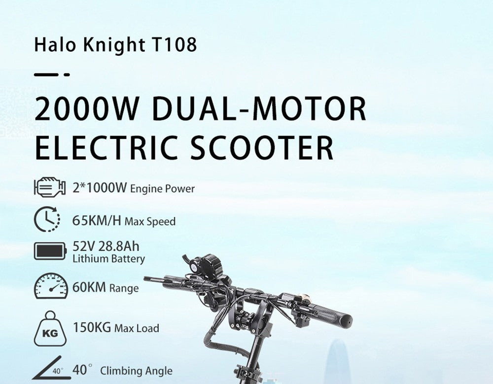 Elektromobilný skúter Halo Knight T108, 10-palcové cestné pneumatiky, motor 1000W*2, maximálna rýchlosť 65 km/h, batéria 52V 28,8Ah, maximálny dojazd 60 km.
