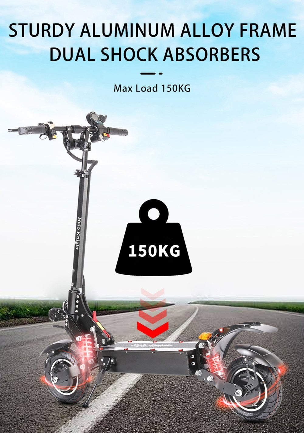 Elektromobilný skúter Halo Knight T108, 10-palcové cestné pneumatiky, motor 1000W*2, maximálna rýchlosť 65 km/h, batéria 52V 28,8Ah, maximálny dojazd 60 km.