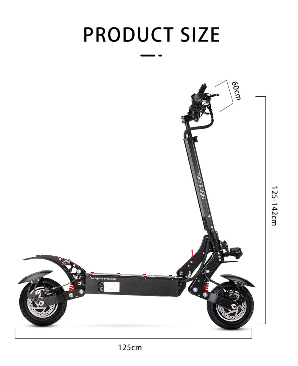 Elektromobilný skúter Halo Knight T108, 10-palcové cestné pneumatiky, motor 1000W*2, maximálna rýchlosť 65 km/h, batéria 52V 28,8Ah, maximálny dojazd 60 km.