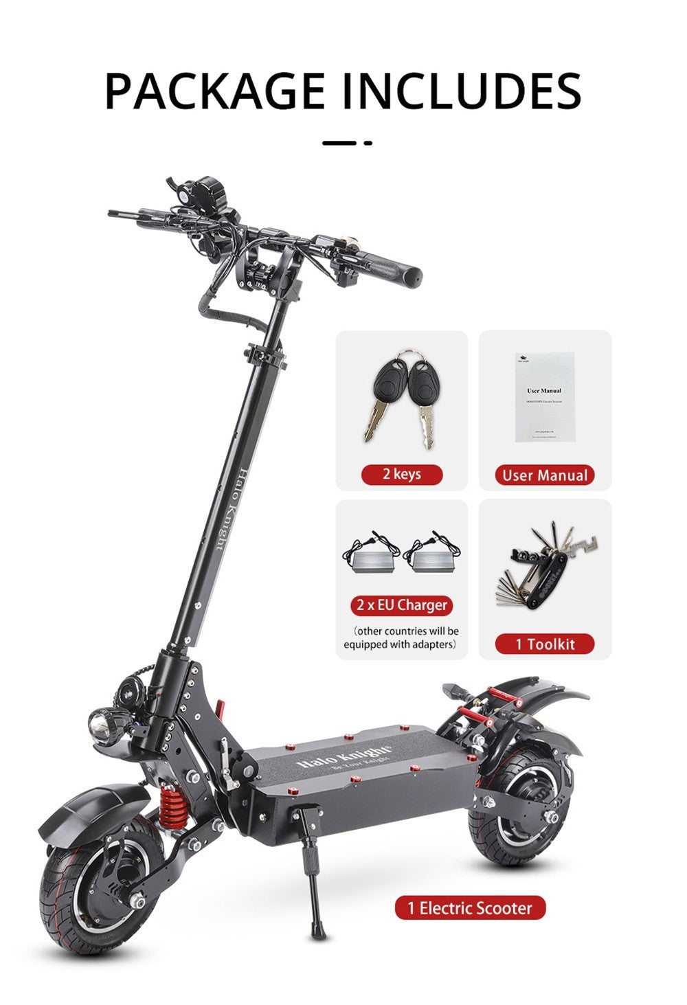Elektromobilný skúter Halo Knight T108, 10-palcové cestné pneumatiky, motor 1000W*2, maximálna rýchlosť 65 km/h, batéria 52V 28,8Ah, maximálny dojazd 60 km.
