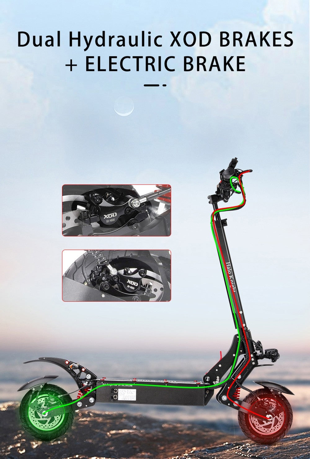 Elektromobilný skúter Halo Knight T108, 10-palcové cestné pneumatiky, motor 1000W*2, maximálna rýchlosť 65 km/h, batéria 52V 28,8Ah, maximálny dojazd 60 km.