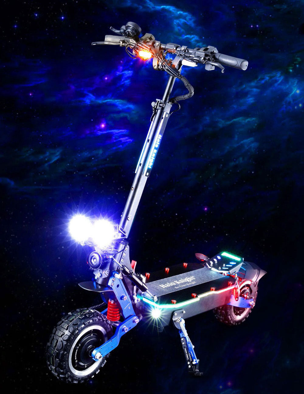 Elektromobilný skúter Halo Knight T108 Pro, 11'' terénne pneumatiky, 2x 3000W motory, max. rýchlosť 95 km/h, 60V 38,4Ah batéria, dojazd 80 km, max. zaťaženie 200 kg, predné a zadné smerové svetlá, vodotesnosť IPX4, dvojité hydraulické brzdy, elektrická brzda.