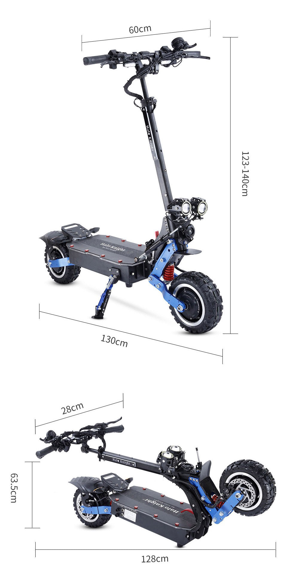 Elektromobilný skúter Halo Knight T108 Pro, 11'' terénne pneumatiky, 2x 3000W motory, max. rýchlosť 95 km/h, 60V 38,4Ah batéria, dojazd 80 km, max. zaťaženie 200 kg, predné a zadné smerové svetlá, vodotesnosť IPX4, dvojité hydraulické brzdy, elektrická brzda.