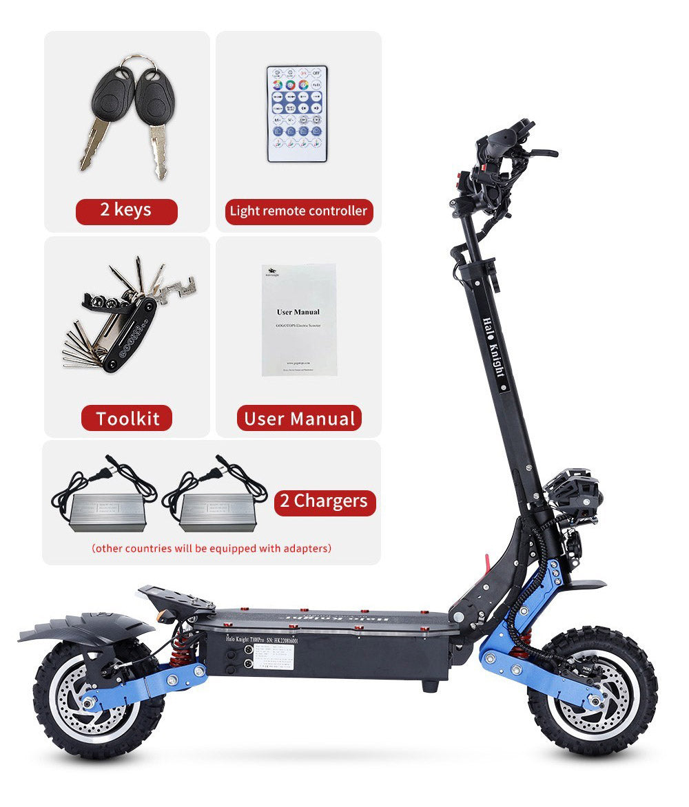 Elektromobilný skúter Halo Knight T108 Pro, 11'' terénne pneumatiky, 2x 3000W motory, max. rýchlosť 95 km/h, 60V 38,4Ah batéria, dojazd 80 km, max. zaťaženie 200 kg, predné a zadné smerové svetlá, vodotesnosť IPX4, dvojité hydraulické brzdy, elektrická brzda.