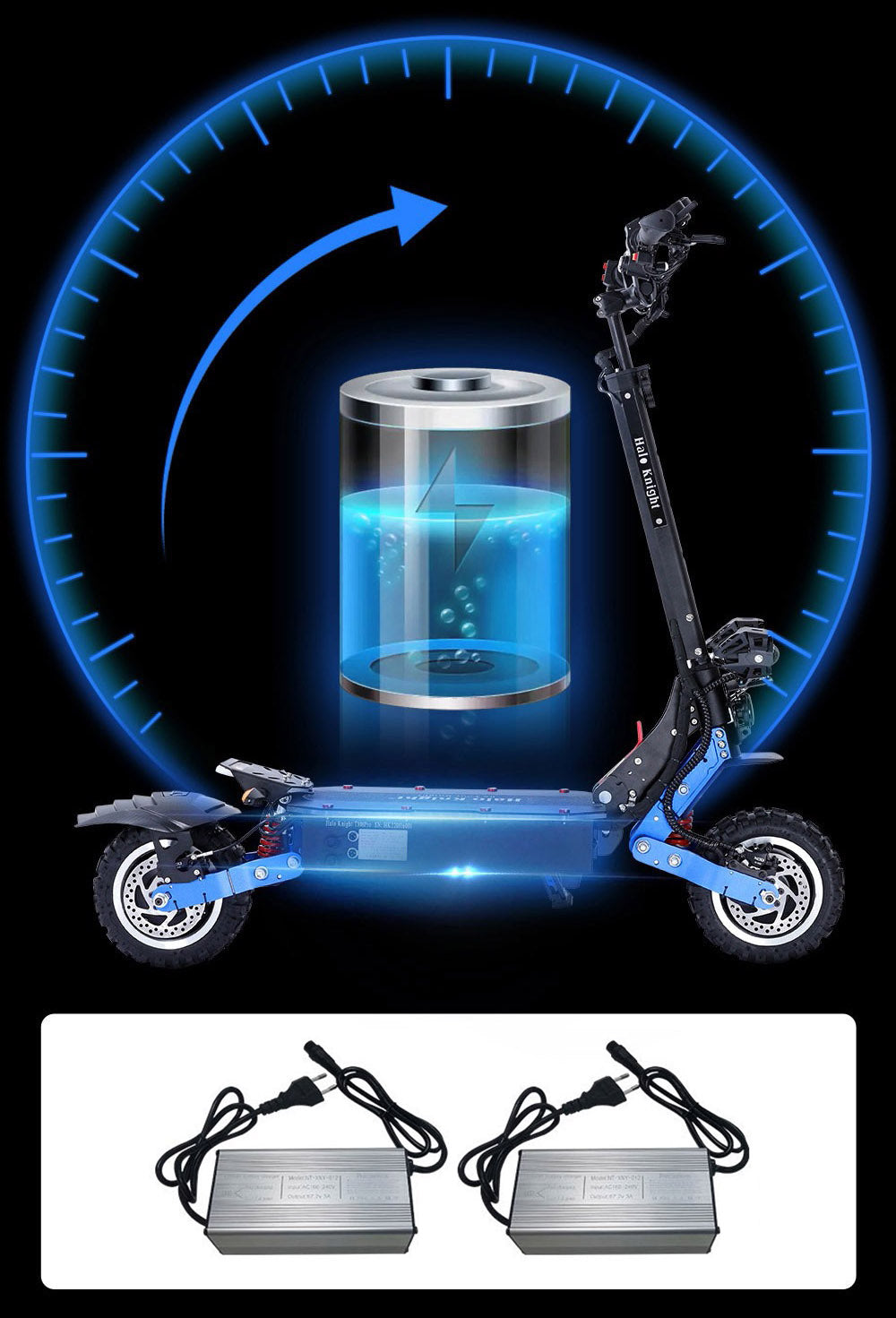 Elektromobilný skúter Halo Knight T108 Pro, 11'' terénne pneumatiky, 2x 3000W motory, max. rýchlosť 95 km/h, 60V 38,4Ah batéria, dojazd 80 km, max. zaťaženie 200 kg, predné a zadné smerové svetlá, vodotesnosť IPX4, dvojité hydraulické brzdy, elektrická brzda.