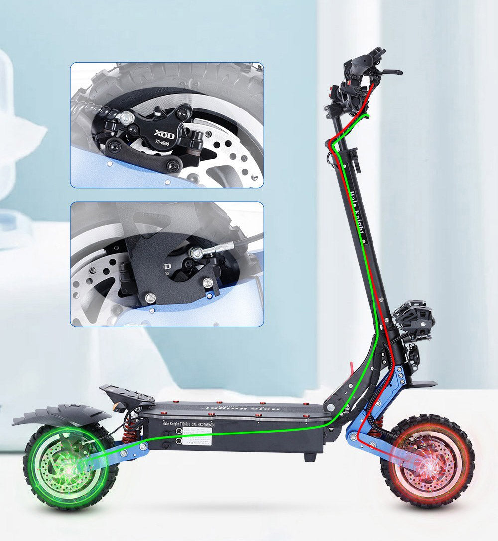 Elektromobilný skúter Halo Knight T108 Pro, 11'' terénne pneumatiky, 2x 3000W motory, max. rýchlosť 95 km/h, 60V 38,4Ah batéria, dojazd 80 km, max. zaťaženie 200 kg, predné a zadné smerové svetlá, vodotesnosť IPX4, dvojité hydraulické brzdy, elektrická brzda.