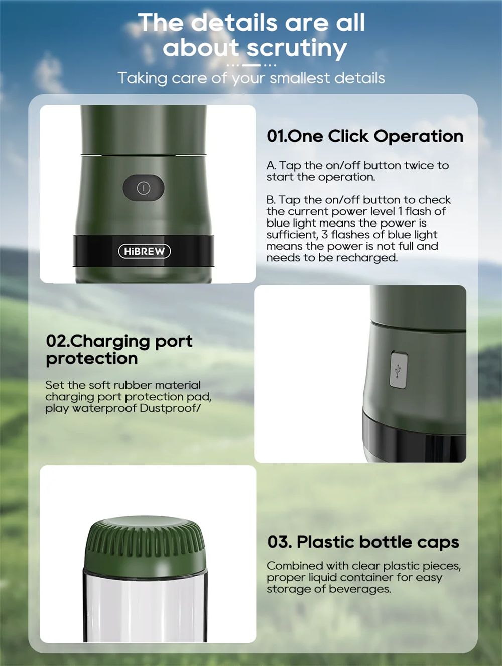 HiBREW G2 3v1 mlynček na kávu, 2000mAh dvojitý pohár, mixér na ovocie, odšťavňovač, mixér, drtič ľadu, na kempovanie alebo cesty