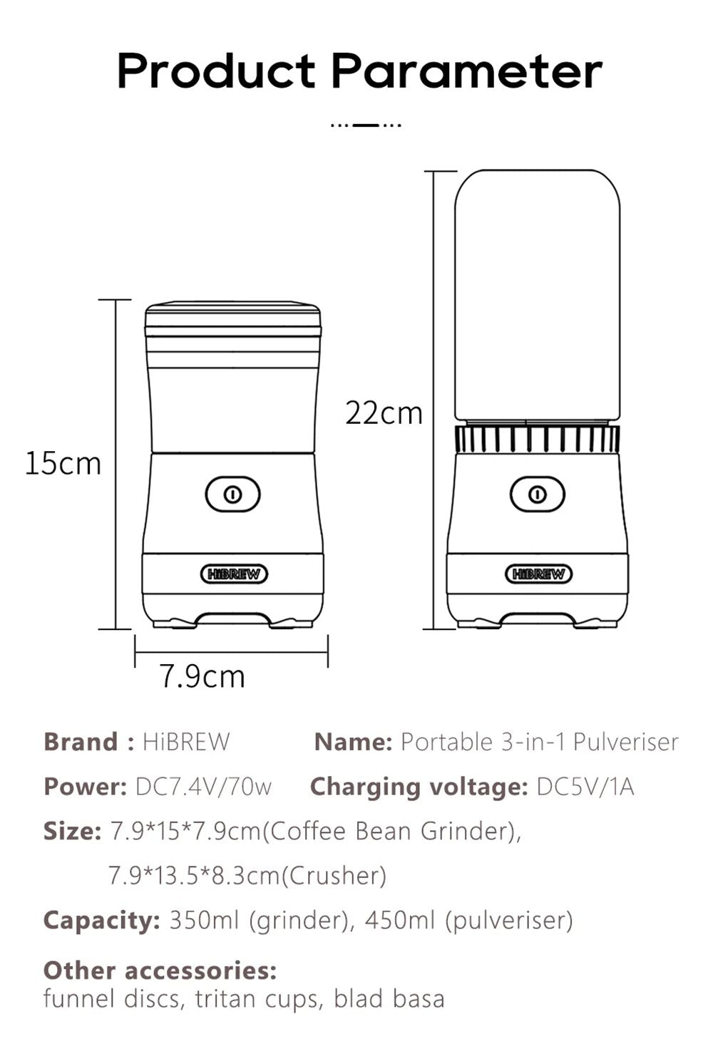HiBREW G2 3v1 mlynček na kávu, 2000mAh dvojitý pohár, mixér na ovocie, odšťavňovač, mixér, drtič ľadu, na kempovanie alebo cesty