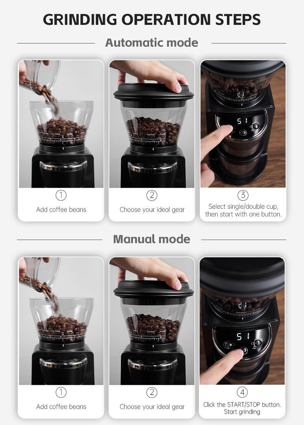 Elektrický mlynček na kávu HiBREW G3, 34 stupňová stupnica, nádoba na 210 g zrn, nádoba na 100 g mletého prášku, 48 mm kužeľové mlecí kamene, funkcia proti statickej elektricite, manuálny/automatický režim