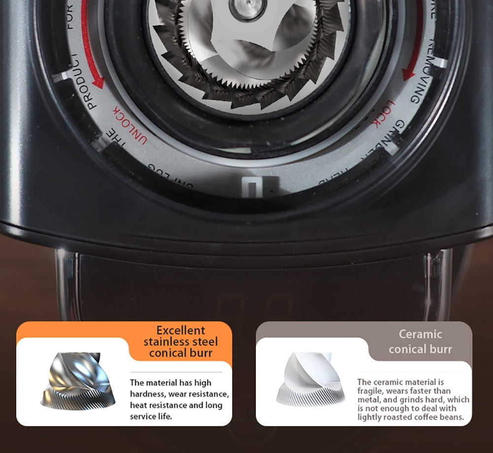 Kávovar HiBREW G3A, 40mm kužeľové mlecí kamene, vzduchový fúkač, 31 stupňová stupnica, pamäťová a antistatická funkcia, manuálny a automatický režim, vizuálny ukazovateľ zásobníka zrna, béžová farba.