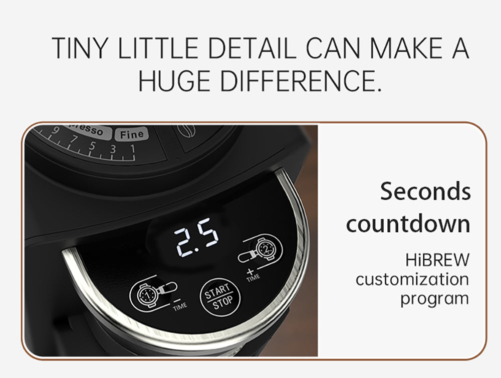 Kávovar HiBREW G3A, 40mm kužeľové mlecí kamene, vzduchový fúkač, 31 stupňová stupnica, pamäťová a antistatická funkcia, manuálny a automatický režim, vizuálny ukazovateľ zásobníka zrna, béžová farba.
