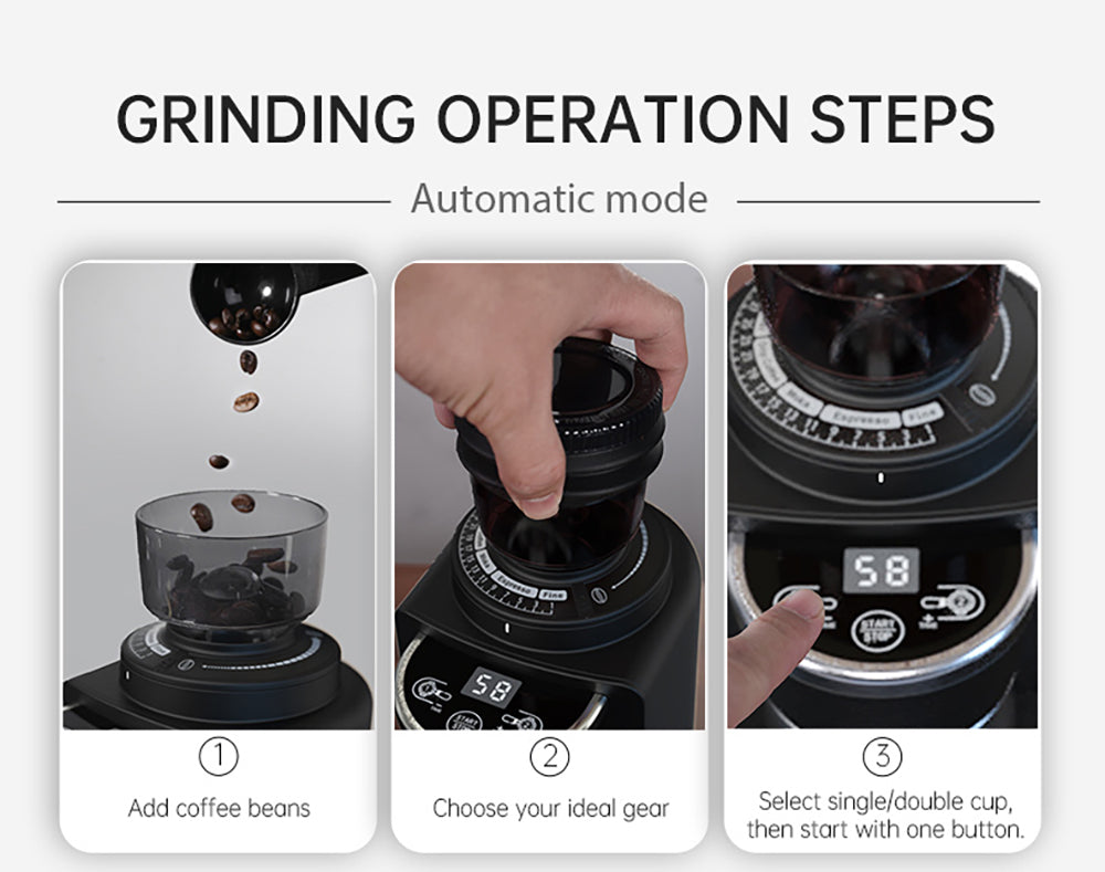 Kávovar HiBREW G3A, 40mm kužeľové mlecí kamene, vzduchový fúkač, 31 stupňová stupnica, pamäťová a antistatická funkcia, manuálny a automatický režim, vizuálny ukazovateľ zásobníka zrna, béžová farba.