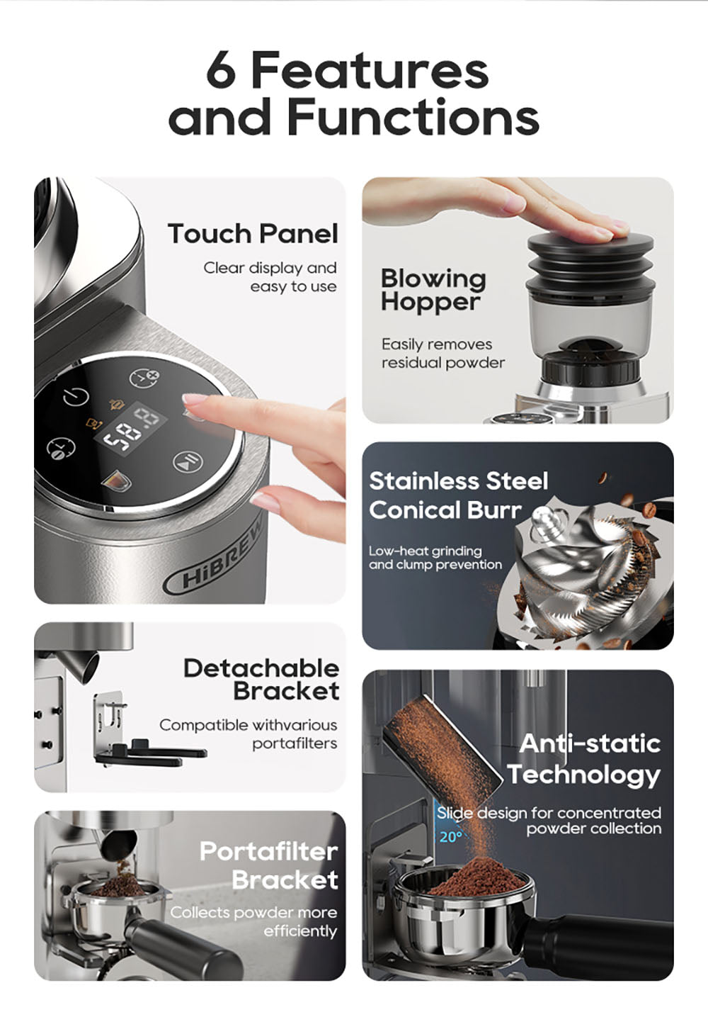 Kávovar HiBREW G7, 48 nastavení mletia, antistatická technológia, kuželové mlecí kamene z nerezovej ocele, dotykový panel, kompatibilný s 51/54/58 mm portafiltrami, bezdotykové mletie kávy