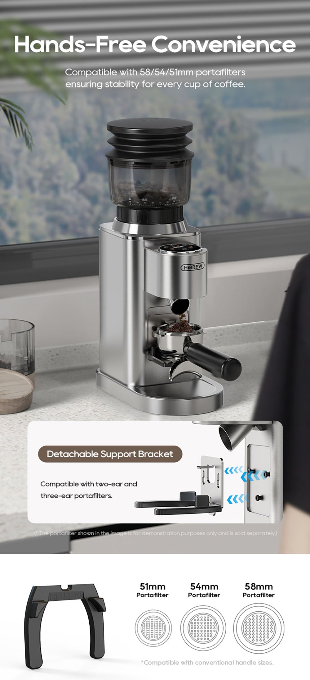 Kávovar HiBREW G7, 48 nastavení mletia, antistatická technológia, kužeľové mlecí kamene z nerezovej ocele, dotykový panel, kompatibilný s 51/54/58 mm portafiltrami, bezdotykové mletie kávy