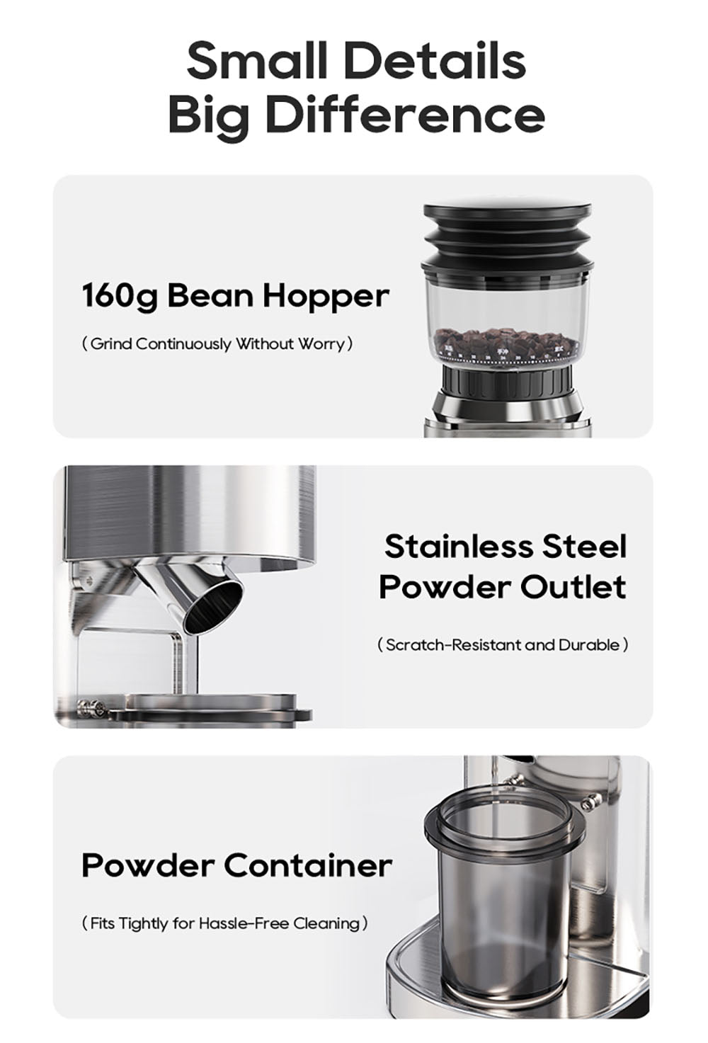 Kávovar HiBREW G7, 48 nastavení mletia, antistatická technológia, kuželové mlecí kamene z nerezovej ocele, dotykový panel, kompatibilný s 51/54/58 mm portafiltrami, bezdotykové mletie kávy