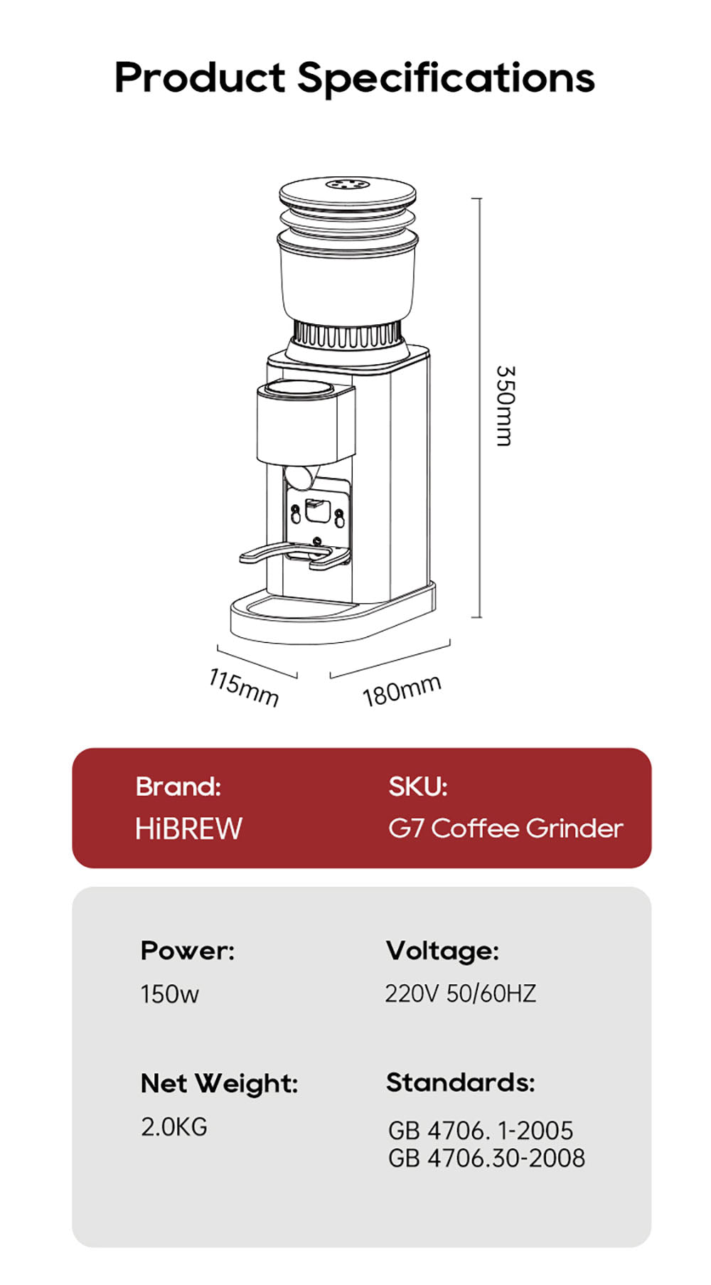 Kávovar HiBREW G7, 48 nastavení mletia, antistatická technológia, kužeľové mlecí kamene z nerezovej ocele, dotykový panel, kompatibilný s 51/54/58 mm portafiltrami, bezdotykové mletie kávy