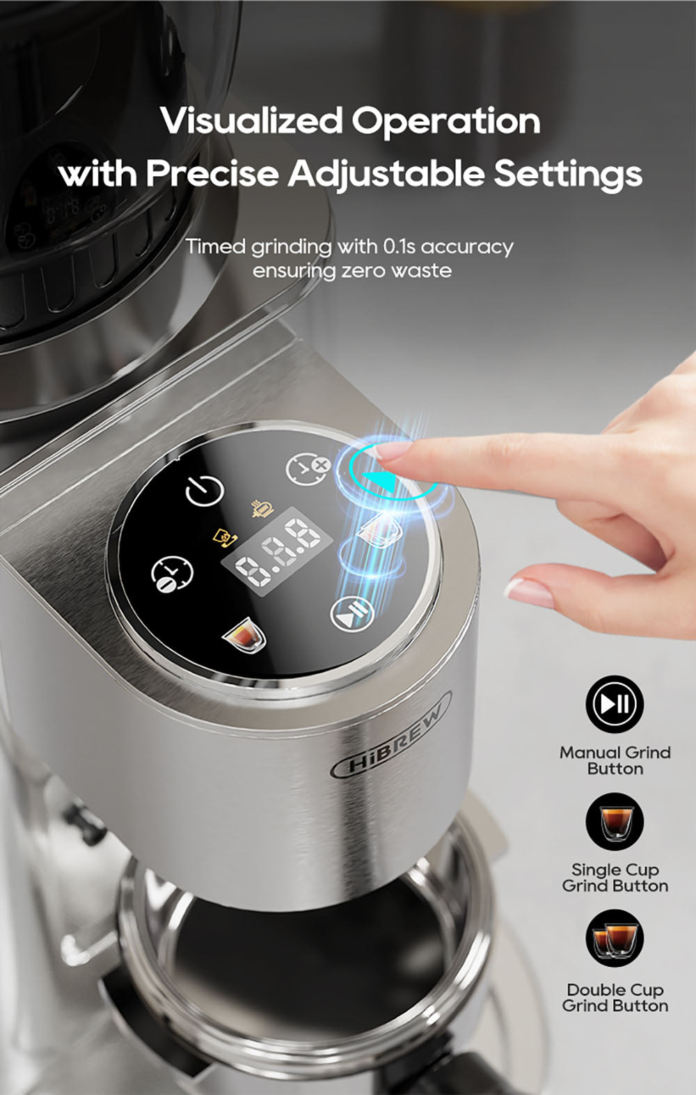 Kávovar HiBREW G7, 48 nastavení mletia, antistatická technológia, kuželové mlecí kamene z nerezovej ocele, dotykový panel, kompatibilný s 51/54/58 mm portafiltrami, bezdotykové mletie kávy