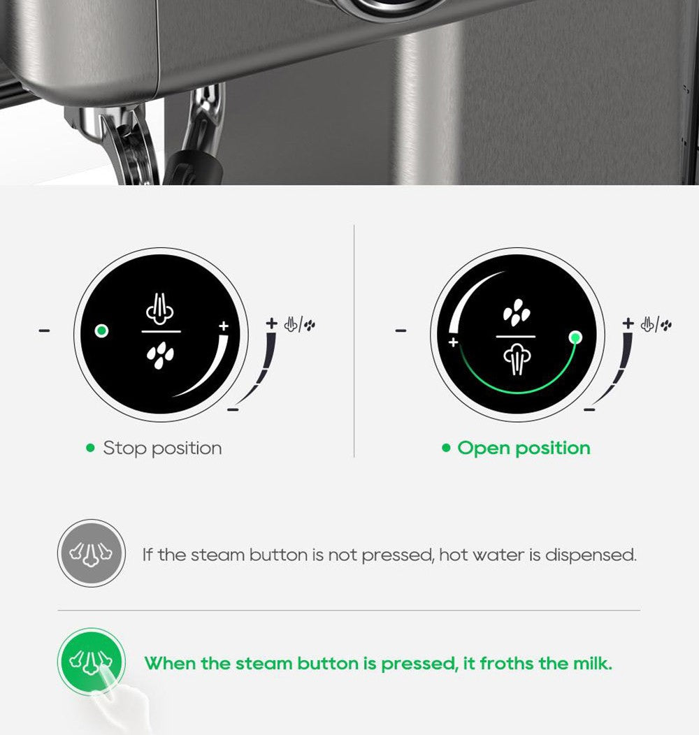 HiBREW H10A poloprofesionálny espresso kávovar, tlak 19 bar, mliečny penyovač, nastaviteľná teplota, 58mm tamper na kávu, 350ml nádobka na mlieko, vyhrievací povrch na šálky, výrobník studeného/teplého kávového nápoja