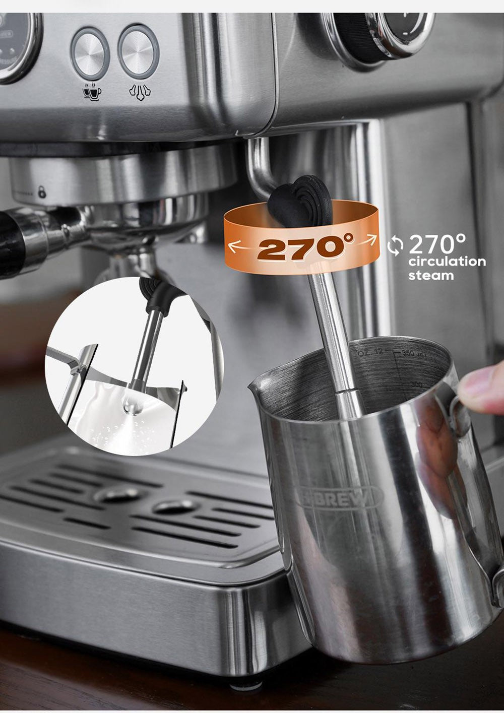 HiBREW H10A poloprofesionálny espresso kávovar, tlak 19 bar, mliečny penyovač, nastaviteľná teplota, 58mm tamper na kávu, 350ml nádobka na mlieko, vyhrievací podstavec na šálky, výrobník studeného/teplého kávového nápoja