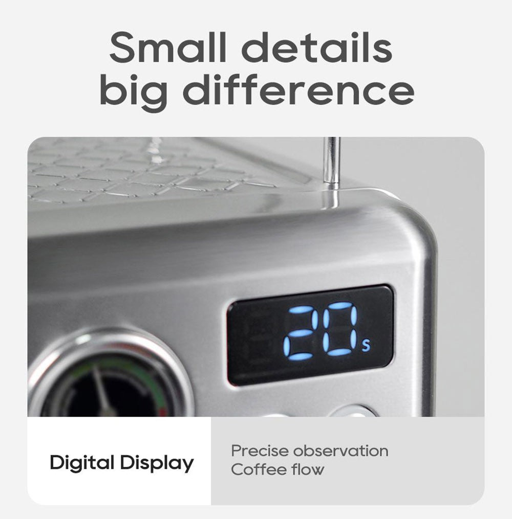 HiBREW H10A poloprofesionálny espresso kávovar, tlak 19 bar, mliečny penyovač, nastaviteľná teplota, 58mm tamper na kávu, 350ml nádobka na mlieko, vyhrievací povrch na šálky, výrobník studeného/teplého kávového nápoja