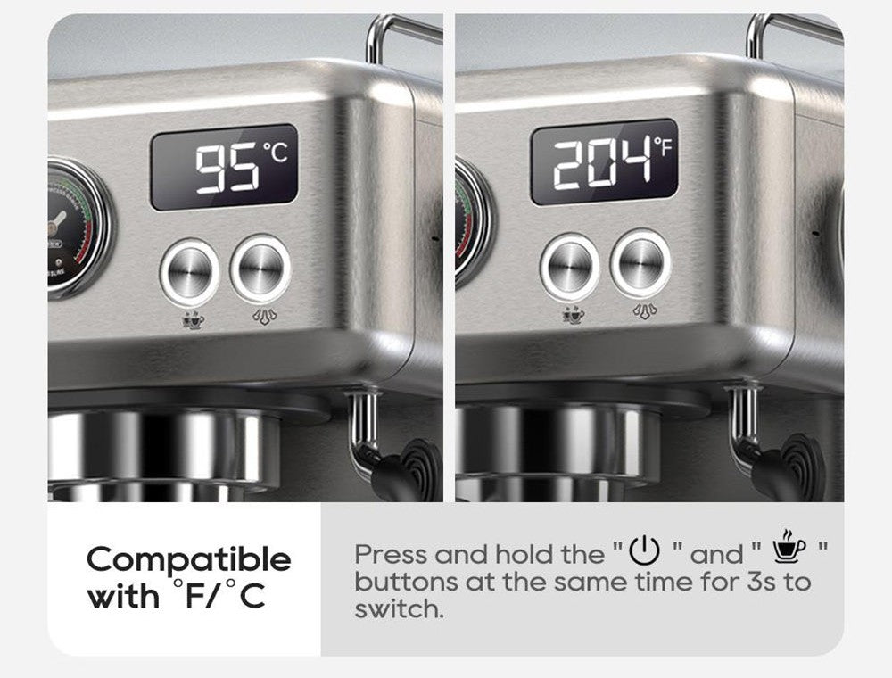 HiBREW H10A poloprofesionálny espresso kávovar, tlak 19 bar, mliečny penyovač, nastaviteľná teplota, 58mm tamper na kávu, 350ml nádobka na mlieko, vyhrievací povrch na šálky, výrobník studeného/teplého kávového nápoja