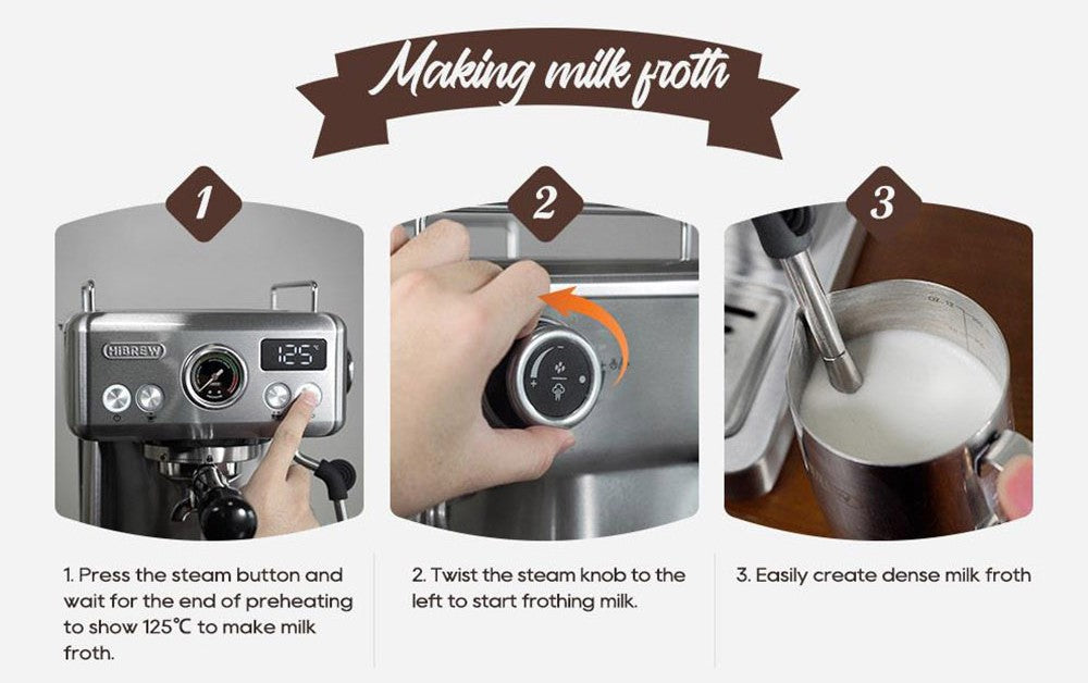 HiBREW H10A poloprofesionálny espresso kávovar, tlak 19 bar, mliečny penyovač, nastaviteľná teplota, 58mm tamper na kávu, 350ml nádobka na mlieko, vyhrievací podstavec na šálky, výrobník studeného/teplého kávového nápoja