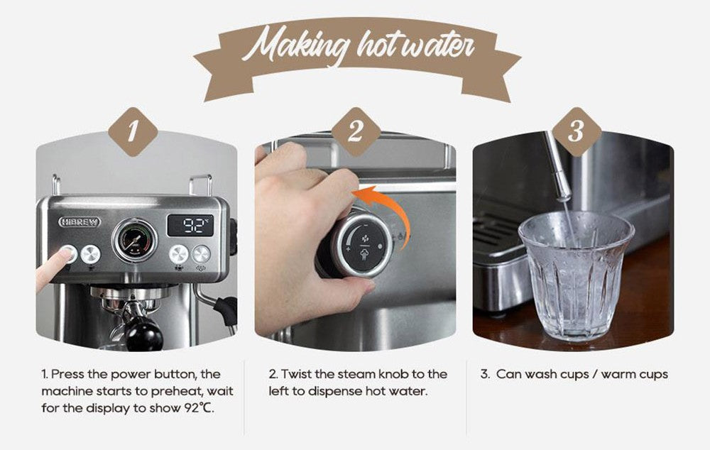 HiBREW H10A poloprofesionálny espresso kávovar, tlak 19 bar, mliečny penyovač, nastaviteľná teplota, 58mm tamper na kávu, 350ml nádobka na mlieko, vyhrievací povrch na šálky, výrobník studeného/teplého kávového nápoja