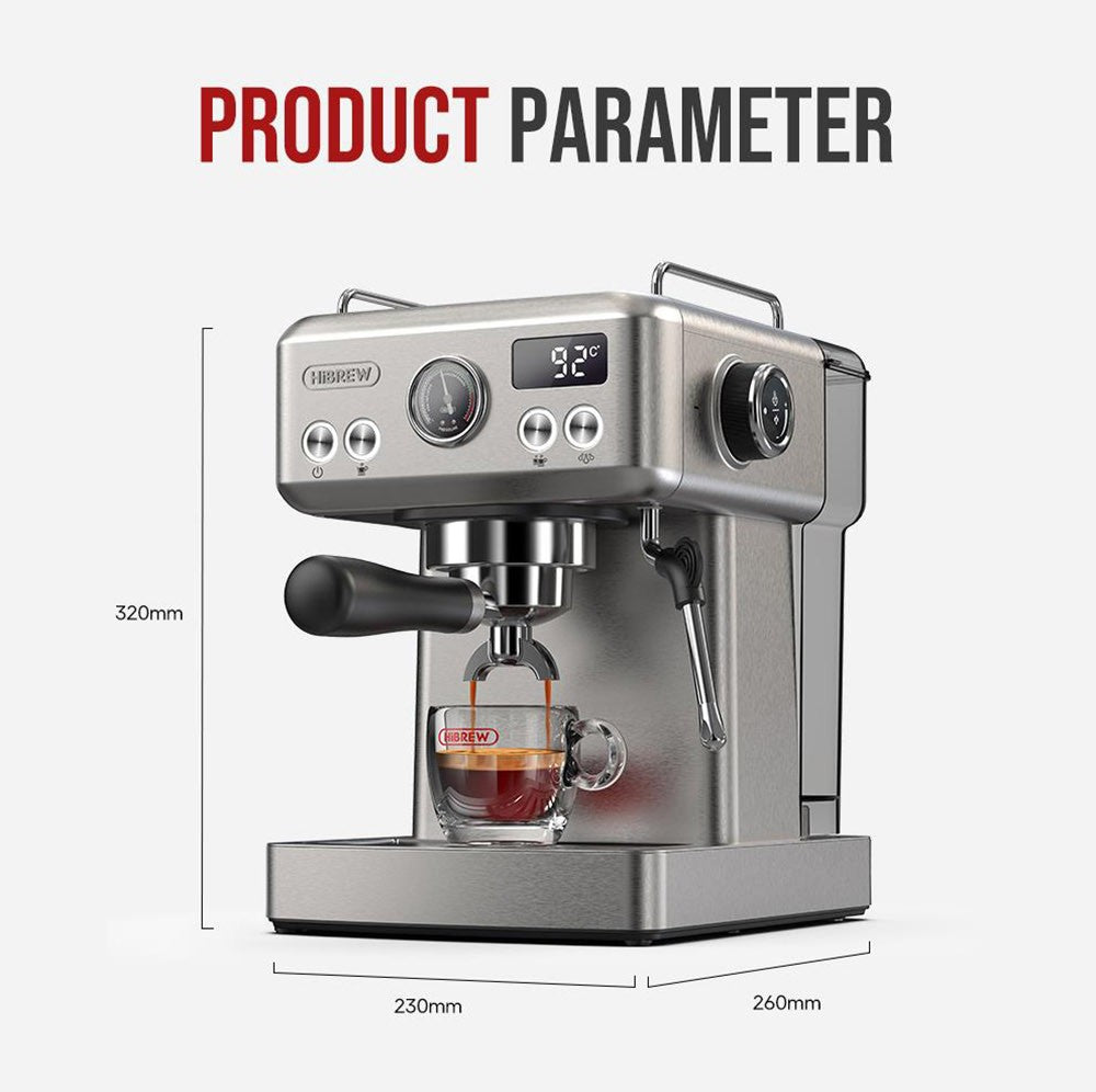 HiBREW H10A poloprofesionálny espresso kávovar, tlak 19 bar, mliečny penyovač, nastaviteľná teplota, 58mm tamper na kávu, 350ml nádobka na mlieko, vyhrievací podstavec na šálky, výrobník studeného/teplého kávového nápoja