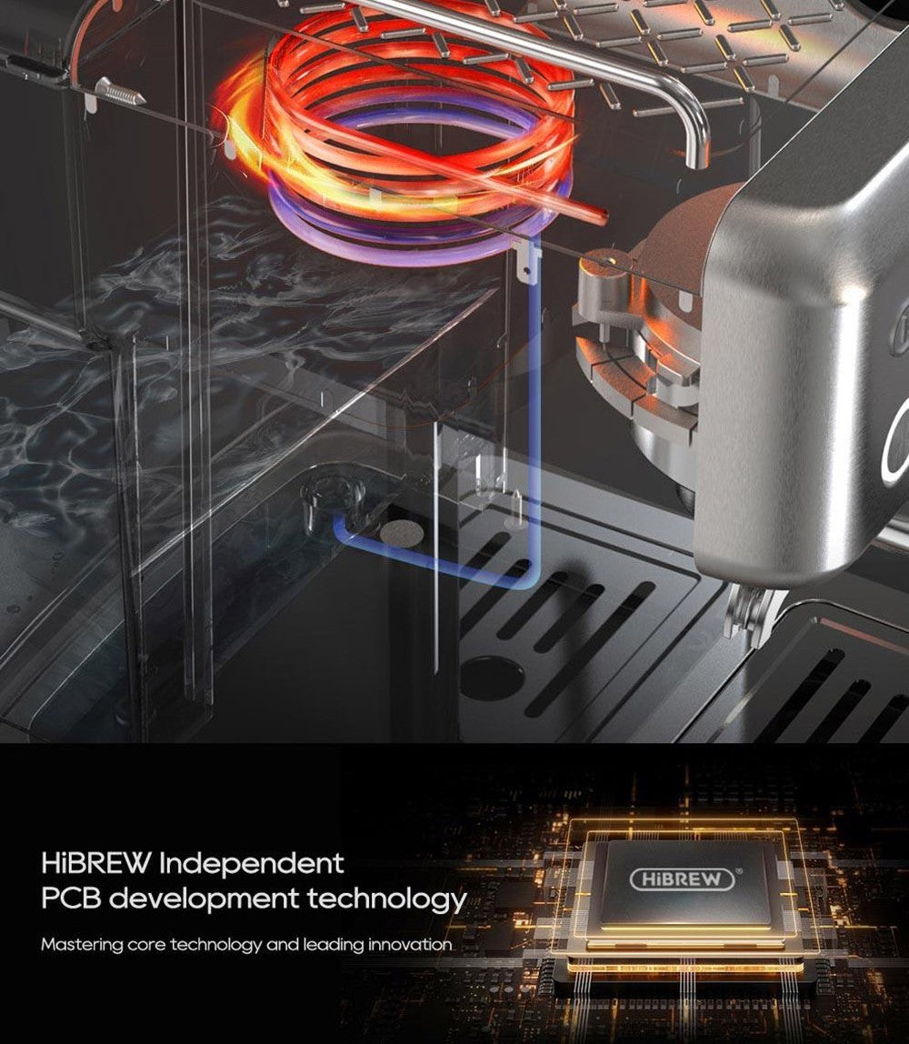 HiBREW H10A poloprofesionálny espresso kávovar, tlak 19 bar, mliečny penyovač, nastaviteľná teplota, 58mm tamper na kávu, 350ml nádobka na mlieko, vyhrievací podstavec na šálky, výrobník studeného/teplého kávového nápoja