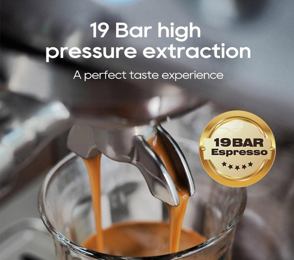 HiBREW H10A poloprofesionálny espresso kávovar, tlak 19 bar, mliečny penyovač, nastaviteľná teplota, 58mm tamper na kávu, 350ml nádobka na mlieko, vyhrievací povrch na šálky, výrobník studeného/teplého kávového nápoja