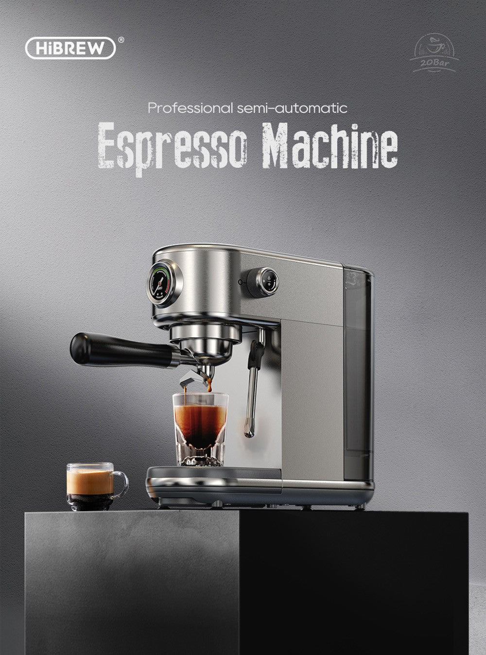 Espresso kávovar HiBREW H10B, tlak extrakcie 20 bar, poloautomatický, nastaviteľná teplota a objem šálku, 51mm hliníková rukoväť, 1,3L odnímateľná nádrž na vodu, strieborná