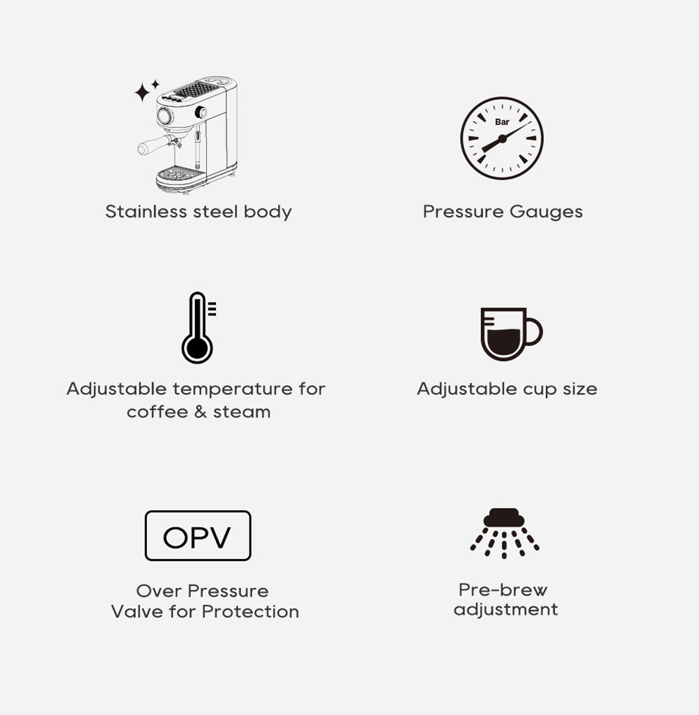 Espresso kávovar HiBREW H10B, tlak extrakcie 20 bar, poloautomatický, nastaviteľná teplota a objem šálku, 51mm hliníková rukoväť, 1,3l odnímateľná nádrž na vodu, strieborná