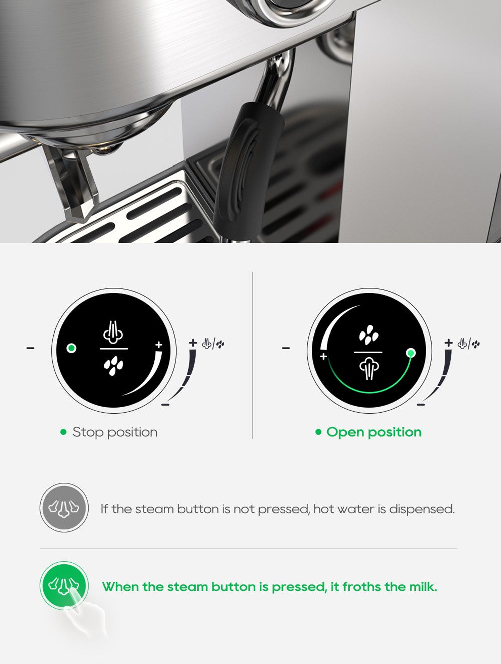 Espresso kávovar HiBREW H10B, tlak extrakcie 20 bar, poloautomatický, nastaviteľná teplota a objem šálku, 51mm hliníková rukoväť, 1,3l odnímateľná nádrž na vodu, strieborná