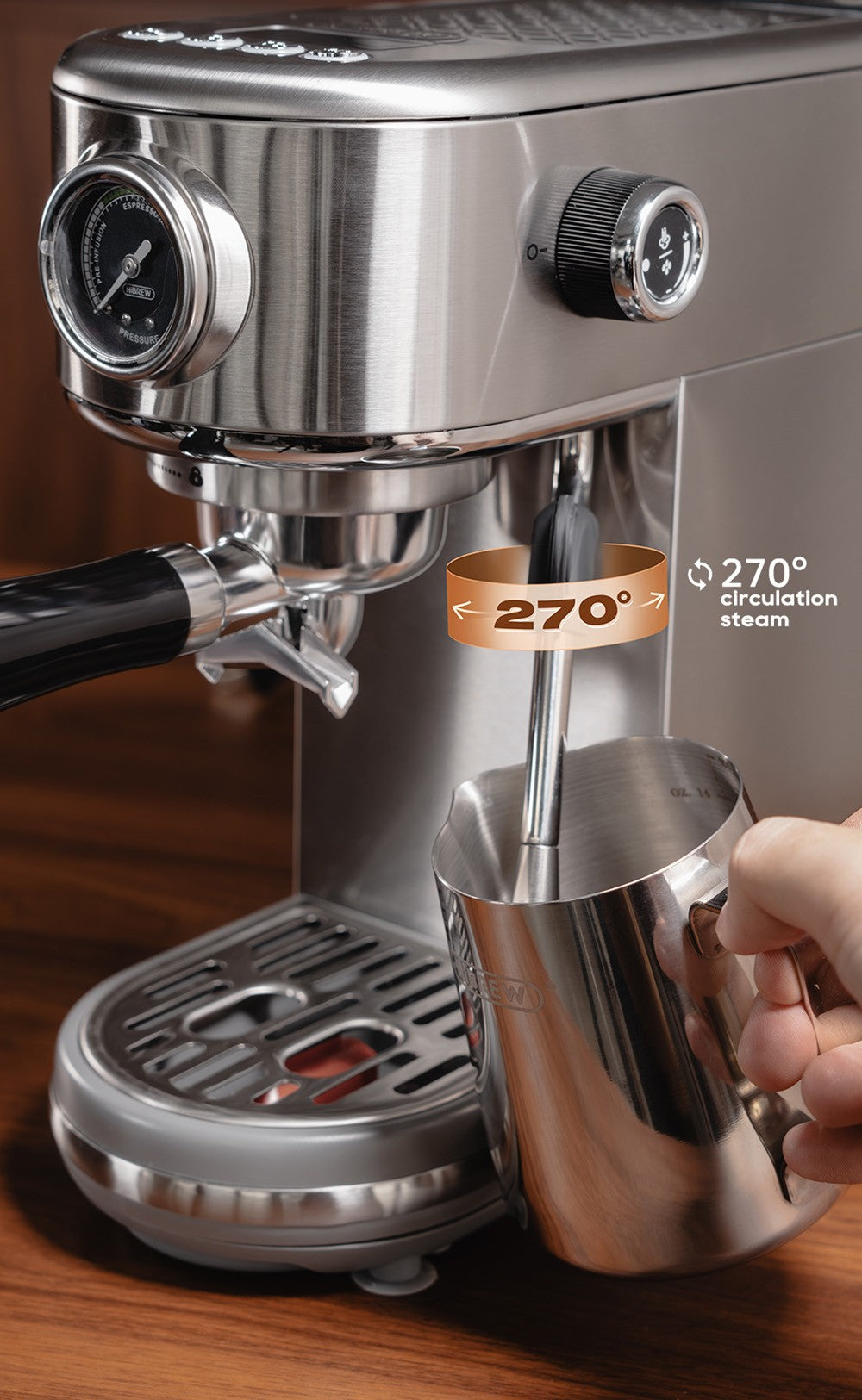 Espresso kávovar HiBREW H10B, tlak extrakcie 20 bar, poloautomatický, nastaviteľná teplota a objem šálku, 51mm hliníková rukoväť, 1,3L odnímateľná nádrž na vodu, strieborná