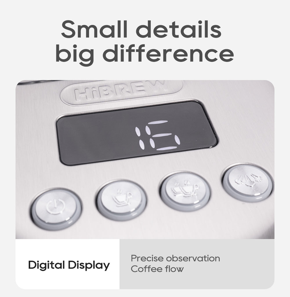 Espresso kávovar HiBREW H10B, tlak extrakcie 20 bar, poloautomatický, nastaviteľná teplota a objem šálku, 51mm hliníková rukoväť, 1,3L odnímateľná nádrž na vodu, strieborná