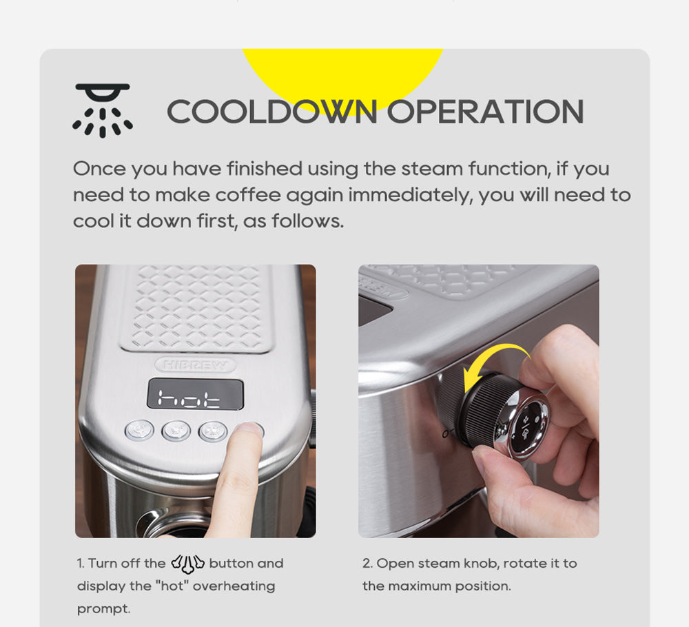 Espresso kávovar HiBREW H10B, tlak extrakcie 20 bar, poloautomatický, nastaviteľná teplota a objem šálku, 51mm hliníková rukoväť, 1,3l odnímateľná nádrž na vodu, strieborná