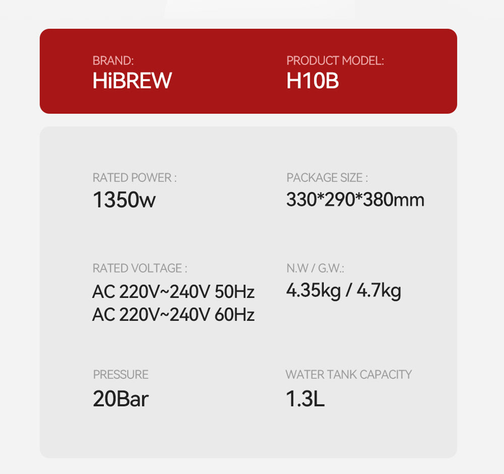 Espresso kávovar HiBREW H10B, tlak extrakcie 20 bar, poloautomatický, nastaviteľná teplota a objem šálku, 51mm hliníková rukoväť, 1,3l odnímateľná nádrž na vodu, strieborná