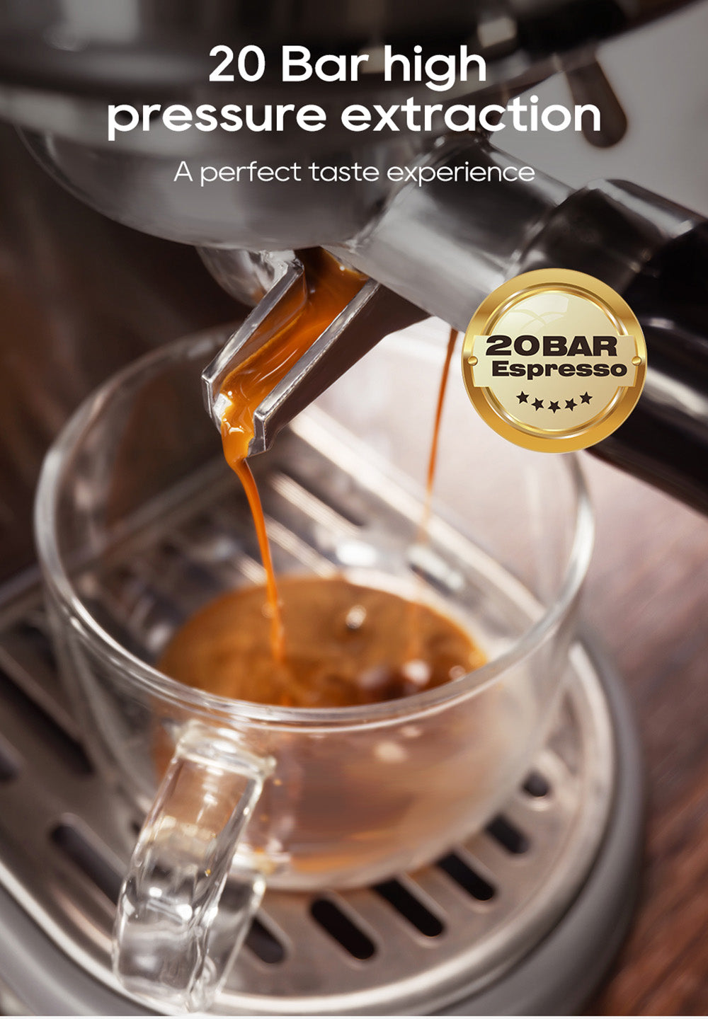 Espresso kávovar HiBREW H10B, tlak extrakcie 20 bar, poloautomatický, nastaviteľná teplota a objem šálku, 51mm hliníková rukoväť, 1,3L odnímateľná nádrž na vodu, strieborná